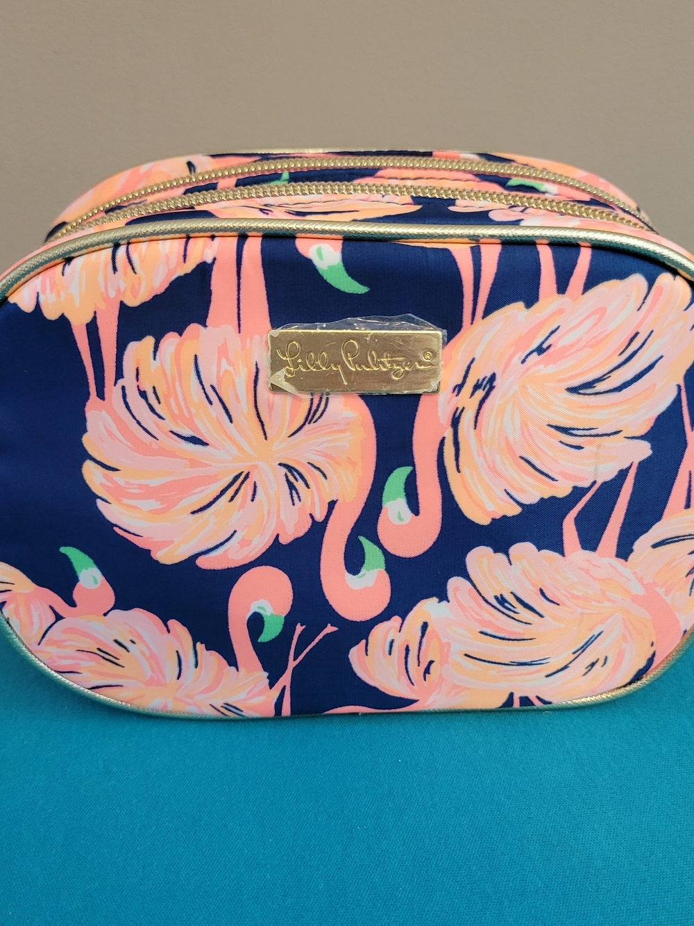 Lilly Pulitzer Navy with Pink Flamingo Print Cosmetic Case
